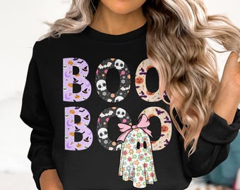 Cute Halloween Boo Ghost PNG | Floral Ghost Clipart with Bow | Spooky Season Digital Download | Kawaii Halloween Sublimation Design