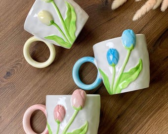 Handmade Ceramic Tulip Mug – Large Floral Coffee Cup, Spring Flower Pottery, Handcrafted Tea Mug, Unique Gift for Her