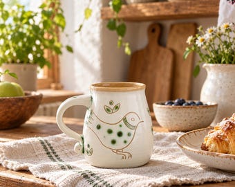 May include: A cream-colored ceramic mug featuring a hand-painted green bird illustration with polka dots. The mug has a rounded body, a sturdy handle, and a smooth, light brown rim. It sits on a textured, off-white fabric cloth with green stripes.