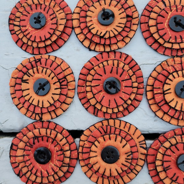 Penny Rug Circles,Penny Rugs,Wool Pennies,Wool Circles,Black and Orange Pennies,Slow Stitch,Jour al,Supplies,Blanket Stitch,Black,Orange