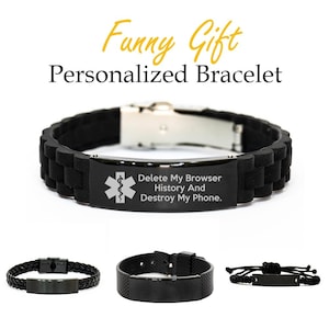 以下が含まれることがあります： さまざまなデザインの黒いパーソナライズされたブレスレット。1つのブレスレットには医療シンボルと「Delete My Browser History And Destroy My Phone」というテキストがあります。他のブレスレットには、編み込み、メッシュ、コードのバンドがあります。
