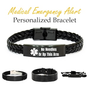 May include: Black braided leather medical alert bracelet with a black metal plate. The plate has a medical symbol and the text "No Needles Or Bp This Arm". Additional bracelets are shown below.