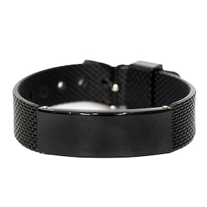May include: A black mesh bracelet with a rectangular, brushed metal plate. The bracelet features a woven texture and a buckle closure. The plate is centered on the band, offering a sleek, modern design.