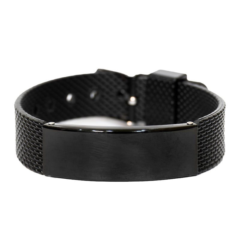 May include: A black mesh bracelet with a rectangular, brushed metal plate. The bracelet features a woven texture and a buckle closure. The plate is centered on the band, offering a sleek, modern design.