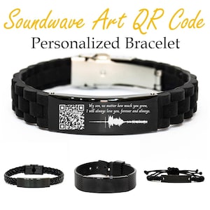 Puede incluir: Pulsera negra personalizada con un código QR y el texto "Hijo mío, no importa cuánto crezcas, siempre te amaré, por siempre y para siempre." La pulsera tiene un diseño de onda de sonido.