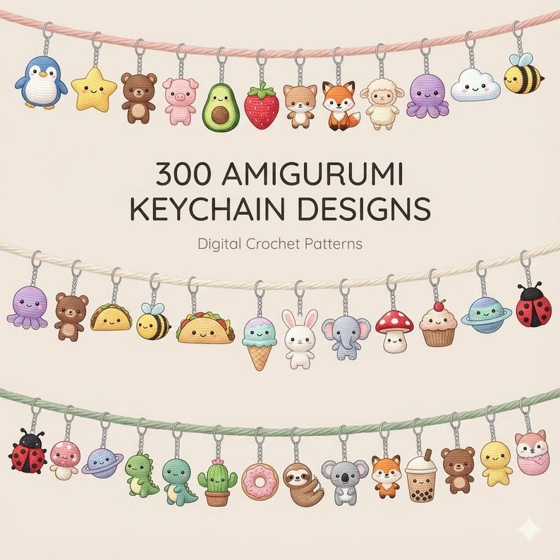 Op de afbeelding: Een verzameling amigurumi sleutelhanger ontwerpen, waaronder een pingu&iuml;n, ster, beer, varken, avocado, aardbei, vos, schaap, octopus, wolk en bij. De afbeelding bevat ook de tekst "300 Amigurumi Keychain Designs" en "Digital Crochet Patterns."