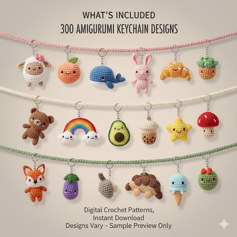 Op de afbeelding: Een verzameling gehaakte amigurumi sleutelhangers in verschillende ontwerpen, waaronder een schaap, sinaasappel, walvis en konijn. De afbeelding bevat de tekst "WHAT'S INCLUDED 300 AMIGURUMI KEYCHAIN DESIGNS".