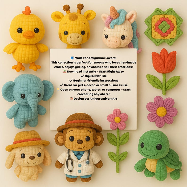 Op de afbeelding: Een verzameling gehaakte amigurumi dieren en bloemen in verschillende kleuren, waaronder een kuiken, een giraf, een eenhoorn, een olifant, een hond, een aap, een schildpad en diverse bloemen. Een wit bord met tekst is ook zichtbaar.