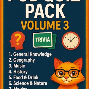 May include: A promotional graphic for a pub quiz pack, Volume 3, featuring a cartoon orange cat wearing glasses. The design includes a question mark, a "Trivia" sign, and a clock. Categories include General Knowledge, Geography, Music, and more.