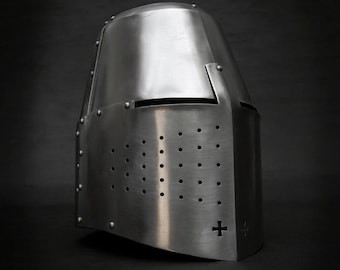 Gran Yelmo de Cruzado Medieval – Yelmo de acero forjado a mano con detalles de cruz / Réplica de armadura de caballero