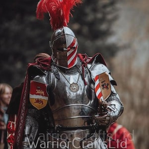 May include: A full suit of medieval armor, featuring a polished metal finish. The helmet is adorned with red feathers and a red and white striped design. The armor includes shoulder plates, chainmail, and a shield with a coat of arms.
