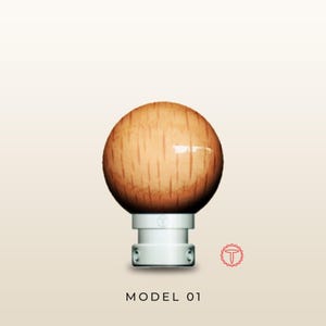 May include: A spherical light brown wooden knob with a visible grain pattern attached to a cylindrical white metal base. The base features two small circular side openings and a small logo. The text MODEL 01 is printed below the object.