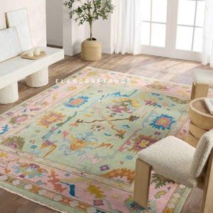 Pastel Oushak Rug | Hand-Knotted Turkish Area Carpet | Pink Green Oushak | Vintage Style Soft Wool Rug | Modern Boho Decor