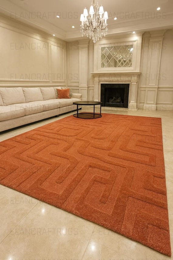 Modern Orange Area Rug: Textured Maze Pattern, Living Room Carpet