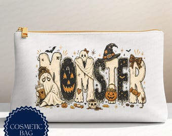 Momster Cosmetic Bag | Halloween Makeup and Toiletry Pouch | Spooky Ghost Mom Travel Bag | Cute Mama Zipper Organizer Gift