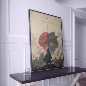 May include: A framed vertical poster featuring a dark illustration of a character in a wide-brimmed hat standing before a gothic castle and a large red moon. The text HELLSING and Japanese characters are printed at the top with a cross symbol.