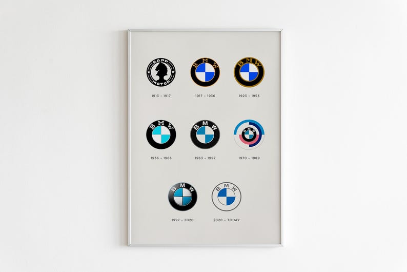 Puede incluir: Impresi&oacute;n enmarcada que muestra la evoluci&oacute;n del logotipo de BMW desde 1913 hasta la actualidad. Los logotipos, en blanco, negro y azul, est&aacute;n dispuestos cronol&oacute;gicamente, con los a&ntilde;os de uso debajo. La impresi&oacute;n muestra la progresi&oacute;n del emblema de BMW.