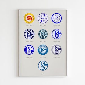 Puede incluir: Impresión enmarcada que muestra la evolución del logotipo del FC Schalke 04. Los logotipos, en diseños circulares, presentan el texto "S 04" y los años de uso. La paleta de colores incluye azul, blanco y amarillo.