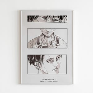 May include: Framed black and white artwork featuring three panels of a manga character. The top panel shows the character's eyes, the middle panel shows the character's torso, and the bottom panel shows the character's face. The text at the bottom reads "Levi Ackerman, Humanity's Strongest Soldier."