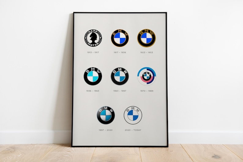 Puede incluir: Un p&oacute;ster enmarcado que muestra la evoluci&oacute;n de los logotipos de BMW desde 1913 hasta la actualidad. Los logotipos est&aacute;n dispuestos en filas, mostrando los cambios de dise&ntilde;o a lo largo del tiempo. El p&oacute;ster est&aacute; en un marco negro y se muestra sobre un fondo gris claro.