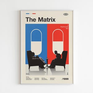 May include: A framed poster for the film "The Matrix" with a minimalist design. The poster features a blue and red background with pill-shaped graphics. Silhouettes of people are seated in armchairs. The title and year are displayed.