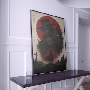 Puede incluir: Un póster rectangular enmarcado con arte del anime Hellsing y un gran sol rojo de fondo. La ilustración muestra una figura central con sombrero de ala ancha, dos figuras más pequeñas y una silueta de pie en un cementerio con cruces.
