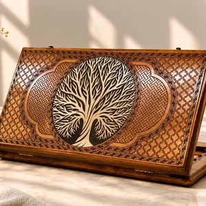 May include: A rectangular wooden backgammon board featuring a detailed laser-engraved tree of life design in the center. The exterior surface displays intricate geometric lattice patterns and woven textures in a warm, polished brown wood finish.