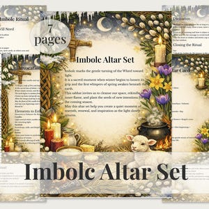 May include: Watercolor illustration of an Imbolc Altar Set with text. The image features candles, a cauldron, a lamb, and floral elements. The text reads "Imbolc Altar Set" and details about the ritual.