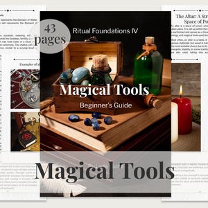 Pode incluir: Um livro intitulado "Magical Tools Beginner's Guide" com uma caixa de madeira contendo pedras azuis e verdes, uma garrafa verde e uma vela vermelha e branca. O livro está aberto, exibindo texto e imagens.