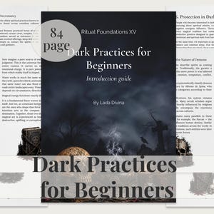 May include: A book titled "Dark Practices for Beginners" with an introduction guide by Lada Divina. The cover features a dark, atmospheric illustration with a skull, a crow, and a cross. The book is 84 pages long.