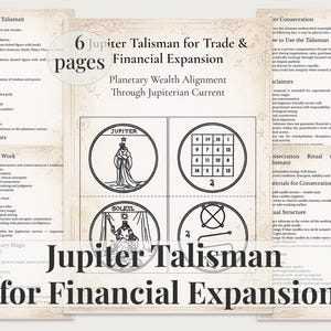 Puede incluir: Documento de seis páginas titulado "Talismán de Júpiter para el comercio y la expansión financiera". Las páginas presentan ilustraciones de símbolos planetarios y texto. El tema del documento está relacionado con la magia planetaria y la prosperidad financiera.