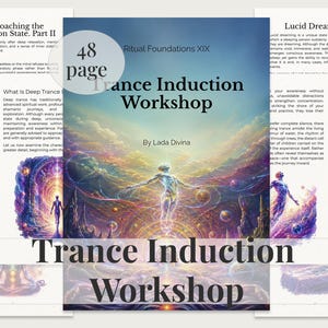 May include: A 48-page Trance Induction Workshop booklet by Lada Divina. The cover features a central figure with arms outstretched against a vibrant, surreal landscape of swirling clouds, glowing orbs, and cosmic colors. Text includes Ritual Foundations XIX.