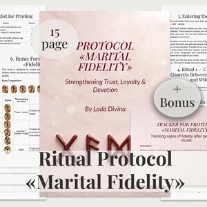 以下が含まれることがあります： Lada Divinaによる15ページのデジタル文書「Protocol Marital Fidelity」。信頼、忠誠心、献身を強化するためのテキストが記載されています。ページには、印刷用チェックリスト、ルーン文字の公式、関係性を追跡するためのトラッカーが含まれています。