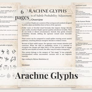 May include: A set of six pages with the title "Arachne Glyphs" and an overview of a system for subtle probability adjustment. The pages contain text, diagrams, and a disclaimer. The pages are beige with black text.