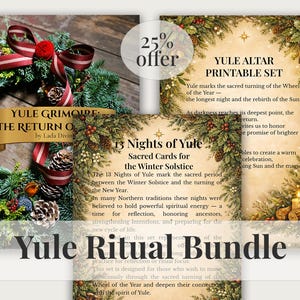 May include: A Yule Ritual Bundle with a wreath, cards, and text. The wreath has red and white ribbons, pinecones, and greenery. The cards have text about the Winter Solstice and Yule. The text includes "Yule Grimoire" and "Yule Altar Printable Set."