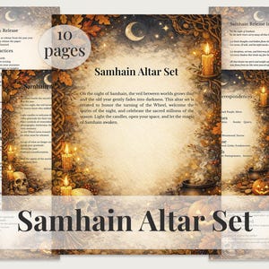 Pode incluir: Um conjunto de altar de Samhain com 10 páginas, apresentando um design celestial com uma lua crescente, estrelas e folhas de outono. O conjunto inclui textos sobre rituais, invocações e celebrações, com velas acesas e uma caveira.