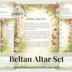 Puede incluir: Un conjunto de siete páginas con bordes florales y texto, titulado "Beltane Altar Set". Las páginas presentan información sobre la creación de un altar de Beltane, con ilustraciones coloridas de flores y cintas. El texto incluye instrucciones y elementos para el altar.