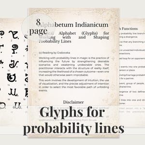 Puede incluir: Un conjunto de páginas de color beige con texto y glifos. Las páginas presentan el título "Alphabetum Indianicum" y "Glyphs for probability lines". La imagen incluye un gráfico circular con el número 8 y la palabra "página".
