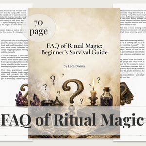 Può includere: Un libro intitolato "FAQ of Ritual Magic: Beginner's Survival Guide" di Lada Divina. La copertina presenta un punto interrogativo, cristalli, una candela e una bottiglia di pozione. Il libro è di 70 pagine.