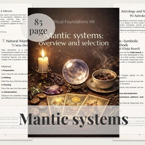 May include: A book cover titled "Mantic systems: overview and selection" with a lit candle, crystal ball, tarot cards, and a teacup. The book is 85 pages and part of the "Ritual Foundations VIII" series.