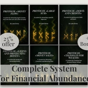 Könnte beinhalten: Sechs schwarze rechteckige digitale Ratgeber mit den Titeln Protocol Money Flow, Large Sum, Debts and Credits, Saving and Protecting Money, Money Sales und Talismans for Wealth von Lada Divina, mit leuchtenden goldenen Runen.