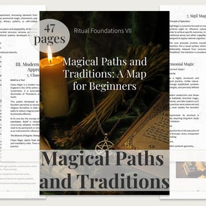 May include: A book titled "Magical Paths and Traditions: A Map for Beginners" with a lit candle, a pentagram pendant, and text that reads "47 pages". The book is part of the "Ritual Foundations VII" series.
