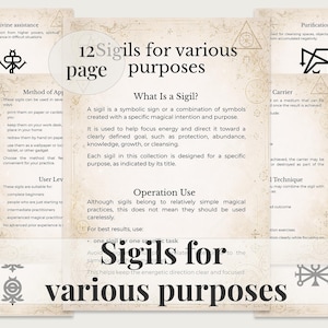 May include: A collection of pages with text and symbols, titled "12 Sigils for Various Purposes." The pages have a parchment-like background with various sigils and text describing their use for protection, abundance, and cleansing.