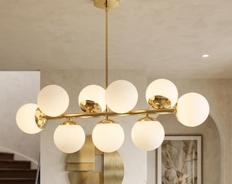 Żyrandol z 9 ręcznie dmuchanymi szklanymi kulami | Liniowa lampa wyspowa w stylu mid-century modern | Luksusowe oświetlenie jadalni
