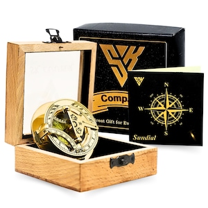 SK LUUYER Sundial Compass Solid Brass Vintage Nautical Retro Steampunk Polished Hardwood Box SK Compass  Nautical Compass and Hardwood Box