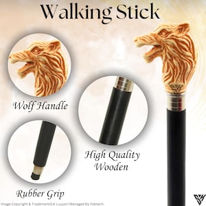 SK LUUYER  Wolf Head Walking Stick – Foldable, Wooden Cane with Rubber Grip – Vintage-Style Collectible Cane for Men & Women