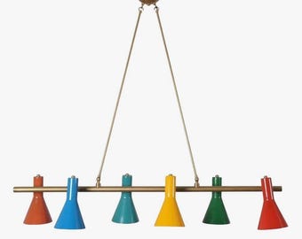 Elegancki, mosiężny, ręcznie robiony, wielokolorowy, włoski żyrandol z 6 kloszami, dekoracja domu