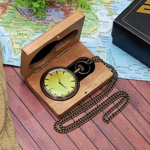 Engraved Quote Pocket Watch with Wooden Box - Antique Brass Finish