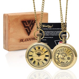 SK LUUYER Victorian Brass Pocket Watch with Wooden Box | 1901 London Design | Vintage Calendar 1940–2039 | Handmade Gift for Him