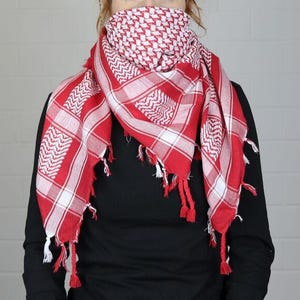 Palestinian Keffiyeh Scarf: Traditional Red & White Cotton Shemagh with Tassels